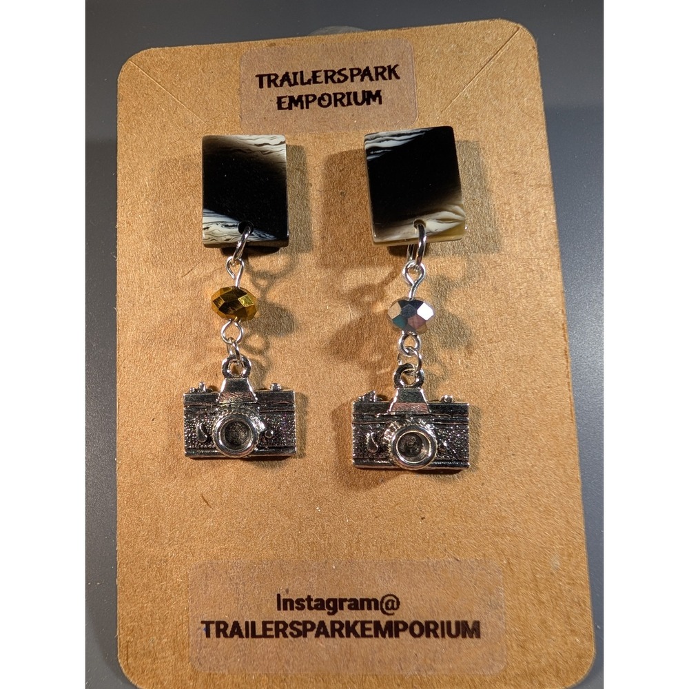 Trailerspark Emporium Camera Drop Earrings Nickel Free Silver Tone Photography
